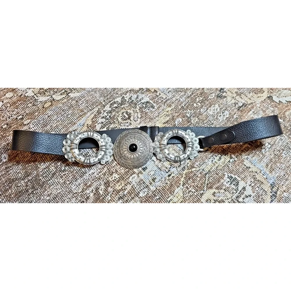 Chicos Triple Medallion Concho Belt Blk Leather Silver M/L Western Boho Festival